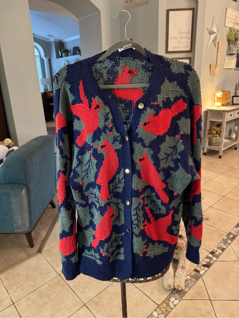 Vintage Orvis Cardinal Bird Cardigan Sweater XL Ramie Cotton Cottagecore Christm